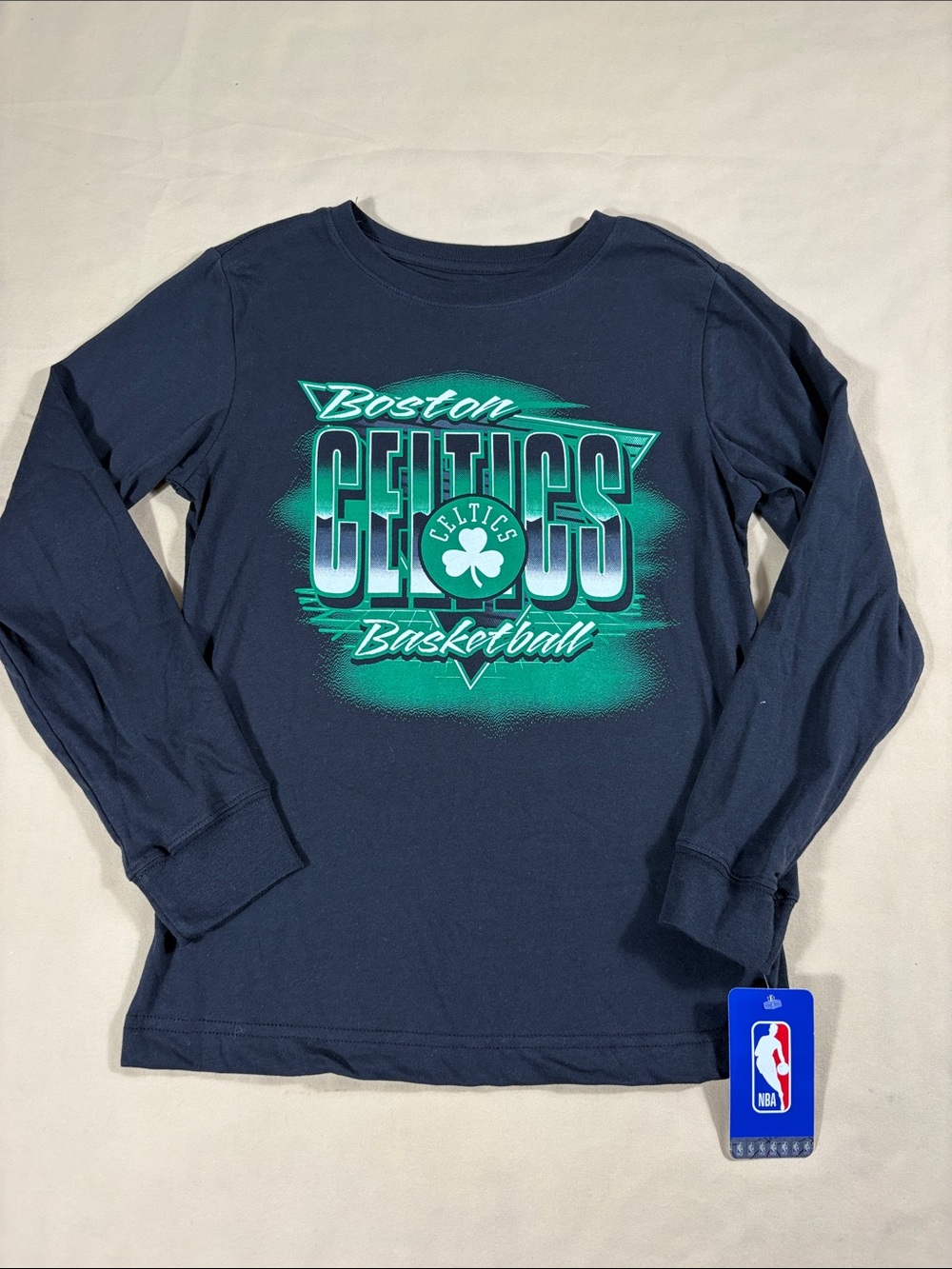 NBA Boston Celtics Boys Long Sleeve Graphic T-Shirt Navy Blue Green M 8/10 NEW
